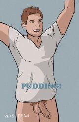 bottomless dean_winchester english_text excited flaccid flaccid_penis jensen_ackles kinktober male male_only muscles muscular muscular_male pudding supernatural_(series) uncut veiny_penis veks_draw