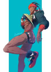 ass butt dark-skinned_male dark_skin evinist jockstrap looking_at_viewer male male_only melanin muscles muscular muscular_male pokemon pokemon_ss raihan_(pokemon) shirt_lift thick_thighs