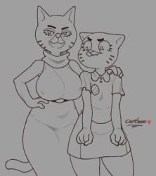 2020 2girls 4_fingers age_difference anthro belt belt_buckle bent_arm big_breasts big_eyes blouse bottomwear breast_envy breast_size_difference breasts cartoon_network cerebropodrido closed_smile clothed clothing curved_eyebrows daughter decorative_pin digital_media_(artwork) domestic_cat duo elderly_anthro elderly_female extended_arms eyebrows eyelashes felid feline felis female fingers fist flat_chested front_view fully_clothed greyscale hand_on_another's_shoulder hand_on_hip hand_on_shoulder hi_res looking_at_another looking_at_breasts looking_at_viewer mammal markings mary_senicourt mature_anthro mature_female monochrome mother mother_and_child mother_and_daughter mouth_closed nicole_watterson older_female parent parent_and_child polo_shirt portrait pose prick_ears shirt skirt smile smiling_at_viewer standing sweater the_amazing_world_of_gumball three-quarter_portrait topwear turtleneck waist_belt whisker_markings younger_female