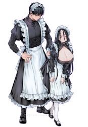 1boy 1girls apron bags_under_eyes big_breasts black_hair cleavage cleavage_cutout crossdressing dilf dress_lift female frills full_body fully_clothed ghost_girl lady_k lady_k_and_the_sick_man long_hair looking_back maid maid_headdress maid_uniform male mature_male nervous original original_characters rororogi_mogera sagging_breasts skirt_lift stubble sweat the_sick_man veiny_breasts wide_eyed yuushi_totsumoto