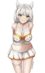 1girls absurdres arms_behind_back bare_arms bare_legs bare_shoulders bare_thighs bikini braid breasts cat_ears catgirl cleavage core_crystal female female_only highres hourglass_figure langspower medium_breasts midriff mio_(xenoblade) navel nintendo orange_bikini orange_swimsuit short_hair side_braid silver_hair simple_background smile smiling swimsuit thick_thighs thigh_strap thighs white_background white_bikini white_swimsuit xenoblade_(series) xenoblade_chronicles_3 yellow_eyes