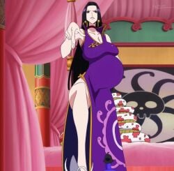 belly big_belly big_breasts black_hair boa_hancock breasts cleavage edit female female_only morphtothetop one_piece pregnant screenshot_edit