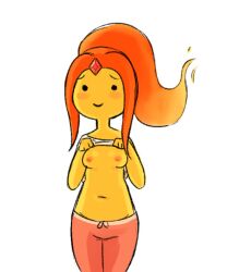 1girls 2016 adventure_time belly_button blush blushing_at_viewer breasts cartoon_network female female_only fire_hair flame_princess flashing flashing_breasts gem jewel lifting_shirt long_hair long_orange_hair looking_at_viewer medium_breasts mob_face navel nervous_smile nipples opeipiao orange_body orange_hair orange_skin red_eyes red_gem red_jewel red_pants shirt_up smile solo solo_female sweatpants white_background white_shirt