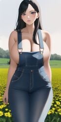 ai_generated cleavage exe-20781 hair large_breasts long naked_overalls overalls overalls_only self_generated thick_thighs