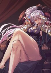 1girls ass bangs big_ass blood cape commission crossed_legs fangs fire_emblem fire_emblem:_genealogy_of_the_holy_war glass grey_hair highres ishtar_(fire_emblem) jewelry long_hair medium_breasts necklace nintendo ponytail red_eyes sharp_teeth shomaueha shouma_(bravespiritya) sitting sitting_on_chair skeb_commission slit_pupils solo thick_thighs thighs throne vampire wine wine_glass