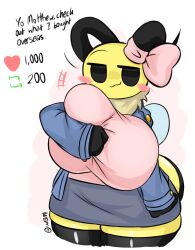 annabee_(woebeeme) bee costume huge_breasts pink_clothing strip_game text twitter woebeeme yellow_skin