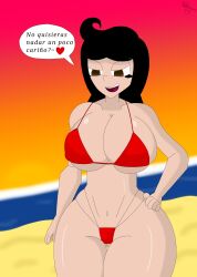 ass_visible_through_thighs beach big_breasts black_hair brown_eyes cindy_o'._campbell curves curvy curvy_hips huge_breasts large_breasts medium_hair micro_bikini sunset teddisin