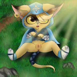 big_eyes dripping female furry grass hoodie league_of_legends mouse nimblefoot nimblefoot_(kinkou) pussy rock sun surprised teamfight_tactics