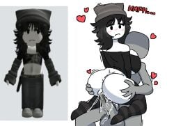 1boy 1girls 2d 2d_(artwork) 2d_artwork anon big_ass big_breasts big_penis black_hair cowgirl_position eatidalemons eatlemons groping_ass hand_on_ass hands_on_ass heart looking_at_penis roblox roblox_avatar robloxian tagme thighhighs vaginal_penetration white_skin