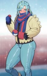 1boy 2022 blue_eyes blue_hair blue_mittens blurry blurry_background blush boots bulge clothing covered_mouth embarrassed femboy flaccid grusha_(pokemon) hand_in_pocket highres holding_poke_ball jacket long_hair looking_to_the_side male male_only mittens nintendo outdoors pants poke_ball pokemon pokemon_sv scarf skin_tight small_penis snow snowing solo sound_effects standing striped striped_scarf stripes sweat thick_thighs thighs tight_clothing ziv_zivy