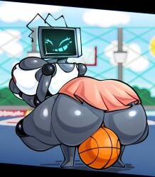 basketball big_ass big_breasts female fictional_character friday_night_funkin friday_night_funkin_mod hex_(yingyang48) holding_breast kaizocns looking_at_viewer newgrounds robot robot_girl rule_63 skirt smiling_at_viewer squatting