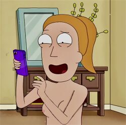 accurate_art_style breasts conscious female_only light_skin medium_breasts no_bra no_shirt phone rick_and_morty screencap screenshot screenshot_edit summer_smith unknown_artist