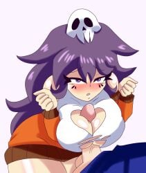 big_ass big_breasts blush boob_window female friday_night_funkin looking_at_viewer lylace orange_outfit paizuri paizuri_under_clothes penis penis_between_breasts purple_eyes purple_hair sharv virtual_youtuber youtube youtuber_girlr