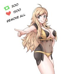 >:) 1girls aged_up ahoge armpits bare_thighs big_breasts blonde_hair breasts cleavage english_text female female_only fire_emblem fire_emblem_fates grey_eyes hayato_stuff large_breasts long_hair meme nintendo ophelia_(fire_emblem) panties pointing pose smile smug solo stripping text thick_thighs thighs twitter_strip_game_(meme) underboob underwear undressing very_long_hair white_background yellow_panties