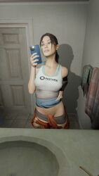 1girls bathroom_selfie chell clothing electronics female female_only half_nude human pale_skin phone portal_(series) pose selfie solo