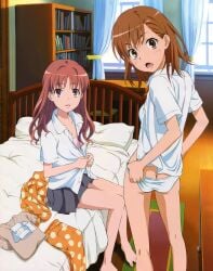 00s 2009 2girls :o absurd_res ass bare_legs barefoot blush bra breasts brown_eyes brown_hair brunette detailed_background dorm female hair_down hand_in_panties hi_res indoors light-skinned_female light_skin looking_at_viewer looking_back matching_hair/eyes misaka_mikoto no_shorts official_art open_clothes open_mouth open_shirt orange_pajamas panties panty_pull pink_bra red_eyes red_hair school_uniform schoolgirl shirai_kuroko sitting sleepwear small_breasts standing tanaka_yuuichi teenage_girl teenager to_aru_kagaku_no_railgun to_aru_majutsu_no_index toes tokiwadai_school_uniform underwear undressing white_bra white_panties young