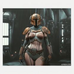 ai_generated alternate_costume anriger cleavage female front_view mandalorian midjourney midriff standing star_wars the_armorer_(the_mandalorian) the_mandalorian warrior