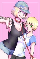 2girls adam_dudley american_flag baseball_cap blonde_hair blue_eyes bob_cut bowl_cut cleavage clothed clothing collar denim_shorts duo female female_only femdom femsub freckles fully_clothed genderswap_(mtf) green_eyes imai_cosmo kaki_cachi kengan_(series) kengan_ashura leash pink_background rule_63 short_hair short_shorts shorts sideboob small_dom_big_sub smile tank_top tattoo tattooed_arm tattoos yuri