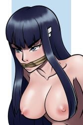 areolae asian asian_female bare_shoulders big_breasts black_hair blue_eyes bound covered_mouth female gagged hanging_breasts hi_res highres kill_la_kill kiryuuin_satsuki light-skinned_female light_skin long_hair naked nipples nude nude_female skltn teenager tied_up upper_body