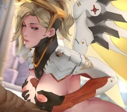 1boy 1girls abs angela_ziegler araneesama blizzard_entertainment blonde_hair blue_eyes blush boobjob boobs breasts cutesexyrobutts_(style) dark-skinned_male erection female gloves interracial light-skinned_female long_hair mechanical_halo mechanical_wings mercy muscular nipples overwatch paizuri penis straight wings