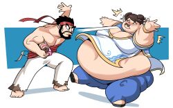 1boy 1girls ass bbw beard black_hair breast brown_hair capcom chubby chubby_female chun-li cleavage donut eating fat feederism feeding female female_focus food hair_bun hairbun hips large_ass large_breasts male overweight overweight_female ryu_(street_fighter) simple_background snack street_fighter street_fighter_6 superspoe thick_thighs thighs wardrobe_malfunction weight_gain wide_hips