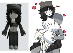 1boy 1girls 2d 2d_(artwork) 2d_artwork anon big_ass big_breasts big_nipples big_penis black_hair cowgirl_position cum cum_in_pussy cum_inside eatidalemons eatlemons ejaculation excessive_cum groping_ass hand_on_ass hands_on_ass heart looking_at_penis naked roblox roblox_avatar robloxian self_upload sex tagme thighhighs vaginal_penetration white_skin worried