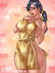 1girls apron black_hair bleach blush breasts female female_only ikumi_unagiya kuroyagi_studio large_breasts milf naked_apron nipples resized solo third-party_edit unagiya_ikumi yellow_eyes