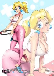 1girls big_breasts big_lips blonde_hair blue_eyes bottomwear breasts cleavage feet female female_only full_body hair joycon_controller lips lipstick mario_(series) nintendo one_eye_closed pants pink_lips pink_lipstick pink_pants ponytail princess_peach ring_fit sasatseng solo solo_female stirrup_legwear sweat sweatdrop thick_lips thighs topwear wink winking yoga_pants