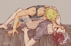 2boys being_undressed bite_mark blonde_hair hand_in_hair katsuki_bakugou kissing looking_at_viewer lying_on_back male male_only my_hero_academia on_back on_bed shouto_todoroki spiky_hair tank_top two_tone_hair underwear underwear_down undressing yaoi