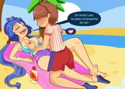 beach blue_eye blue_hair brown_hair fhs fhsz3r0 fnafhs fnafhs_z3ro fnafhsrule34 homerbls loon_(fnafhs) red_eye red_eyes spanish_text usagi_(fnafhs) usagi_bon