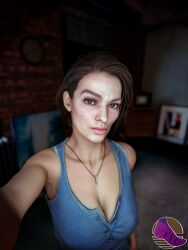 3d 3d_(artwork) big_breasts blender blender_(software) bobbysnaxey chad cleavage gigachad jill_valentine jill_valentine_(sasha_zotova) lightskin_stare meme mewing pinup resident_evil resident_evil_3 resident_evil_3_remake selfie smug_face