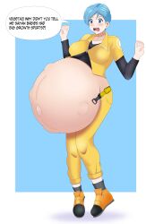 1girls belly big_belly big_breasts blue_hair breasts bulma_briefs dragon_ball dragon_ball_super dragon_ball_z female fetal_movement hyper_belly large_belly outie_navel palitexx pregnant text