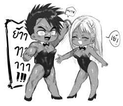 1boy 1girls blush bulge bunny_boy bunny_ears bunny_girl bunnysuit chibi cleavage closed_eyes crossdressing dark-skinned_female dark-skinned_male dark_skin female full_body high_heels katahara_sayaka kengan_(series) kengan_ashura laksi_kaaaaa long_hair looking_at_viewer male monochrome muscular_male open_mouth pecs screaming single_braid smile yelling yoroizuka_saw_paing