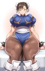 artist_request big_breasts brown_eyes brown_hair capcom chun-li clothed clothed_female hair_buns looking_at_viewer pantyhose pearl_earrings sitting spiked_bracelets street_fighter thick_thighs thunder_thighs unknown_artist