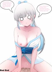 after_sex blue_hair blush blushing_at_viewer commission cowgirl_position cum embarrassed grey_hair kimono large_breasts long_hair merumaruru nipples o_o one_breast_out original_character ponytail ribbons sex small_penis small_penis_adoration teal_eyes tears teary_eyes text text_bubble virgin white_hair