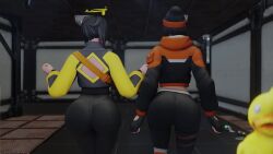 2girls 3d animated ark_(fortnite) ass ass_focus ass_on_glass ass_press bodysuit clothed clothed_female clothing d'ark_(fortnite) female female_only fortnite from_behind fully_clothed fully_clothed_female huge_ass kishi sagan_(fortnite) shiny shiny_clothes skin_tight video