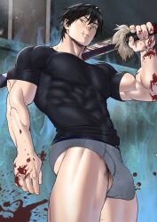 1boy abs black_hair blue_eyes bulge_through_clothing defined_muscles facial_scar human jujutsu_kaisen male male_only male_pubic_hair manly muscles muscular_male pecs penis_bulge semi-erect smooth_skinned_male suyohara t-shirt toji_fushiguro underwear