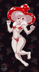 1girls 2021 2022 :p bangs black_background breasts clothed clothing female female_only full_body grunemslut half-closed_eyes humanoid humanoidized long_hair mostly_nude mushroom mushroom_girl mushroom_humanoid pose red_eyes solo tongue tongue_out white_body white_hair white_skin