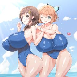 2girls bea_(adfhbcf4326) beach bimbo blue_one-piece_swimsuit blue_swimsuit breasts brown_hair clothing clouds gigantic_breasts huge_breasts hyper_breasts light-skinned_female light_skin looking_at_viewer massive_breasts one-piece_swimsuit one_eye_closed open_mouth orange_hair outside public spaghetti_strap sweat swimsuit tight tight_clothes tight_clothing tight_swimsuit water wink