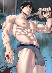 1boy abs black_hair blue_eyes briefs briefs_only bulge_through_clothing defined_muscles facial_scar human jujutsu_kaisen male male_nipples male_only male_pubic_hair manly muscles muscular_male pecs penis_bulge semi-erect shirtless smooth_skinned_male suyohara sword toji_fushiguro underwear underwear_only