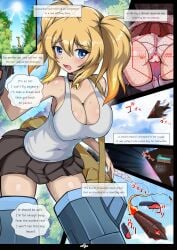 bell big_breasts blonde_hair blue_eyes collar comic cyber_(cyber_knight) female forest_background missile neuroi panties pre-transformation science_fiction skirt strike_witches sweat sweaty tank_top target text text_box text_bubble transformation twintails world_witches_series