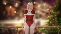 1girls blonde_hair christmas christmas_outfit firolian league_of_legends luxanna_crownguard pantyhose railing smile