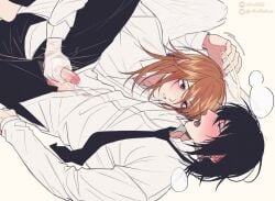 2boys angel_devil_(chainsaw_man) black_hair bodily_fluids chainsaw_man clothing cum feathered_wings gay genitals gloved_handjob gloves halo handjob hayakawa_aki long_hair male male/male male_only penis red_eyes red_hair riffraff riffraffhellyea wings yaoi
