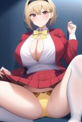 ai_generated blonde_hair blue_background classroom_of_the_elite cleavage highres kushida_kikyou large_breasts nai_diffusion partially_unbuttoned red_eyes red_jacket red_skirt rubycks sitting skirt_lift stable_diffusion yellow_panties youkoso_jitsuryoku_shijou_shugi_no_kyoushitsu_e