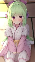 absurd_res blush embarrassed female full_body green_hair hi_res japanese_clothes kimono murasame_(senren) nodoameyatou red_eyes senren_banka sitting smile solo wariza yuzu_soft