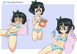 black_hair blue_bra blue_panties blue_underwear bra casual eating female_masturbation glasses glasses_yanagi_(spicybarmaiden) masturbation panties short_hair spicybarmaiden underwear