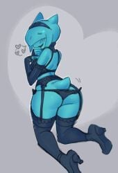 2018 ass blue_body blush color digital_drawing_(artwork) digital_media_(artwork) female garter_belt garter_straps hair_over_eyes headband heart high_heels lingerie looking_at_viewer looking_back nervous oc on_knees original original_character perila_(vontecristo) shy smile stockings vontecristo