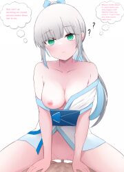 ? blue_hair commission cowgirl_position disappointed green_eyes grey_hair kimono large_breasts long_hair merumaruru nipples one_breast_out original_character ponytail ribbons sex small_penis small_penis_adoration teal_eyes thought_bubble virgin white_hair