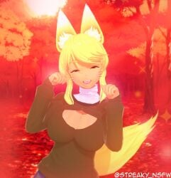 big_breasts blonde_hair blush boob_window breasts busty female female_only liru liru_(magical_pokaan) renkin_san-kyuu_magical_pokaan smiling_at_viewer streaky_(artist) sweater wolf_ears wolf_girl wolf_tail