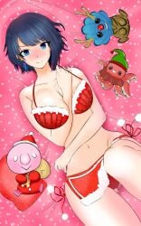 1girls azurel23 bed_sheet blue_eyes christmas dark_blue_hair female female_only first_porn_of_character light-skinned_female light_skin nose_blush oceane_otoishi plushies production_kawaii santa_bikini solo virtual_youtuber